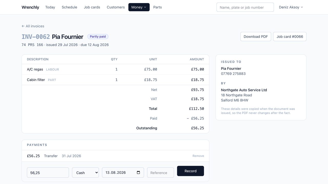 An invoice with its lines, VAT, total, a recorded part payment and the outstanding balance
