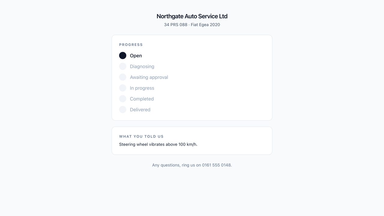 The tracking page a car owner sees: the stage their car is at and what they reported